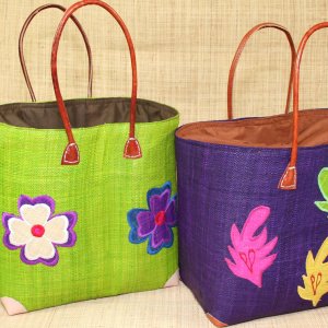 Panier Rabane doublé, anse en cuir, motifs fleur et feuilles