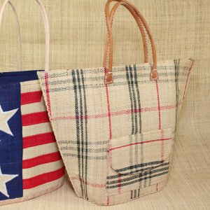 Sac de plage, anse en cuir, à fermeture éclair ou poche, motifs drapeau américain ou tartan