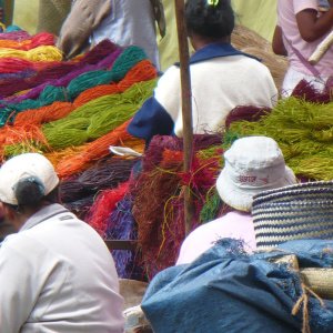 Étal de fibres teintées de raphia - Sur le marché du Coum