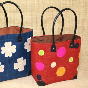 Panier Rabane doublé, anse en simili-cuir, motif floral et motif pois