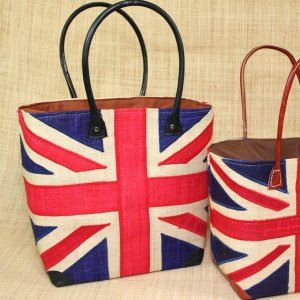 Panier Rabane doublé, anse en cuir et simili-cuir, motif drapeau anglais