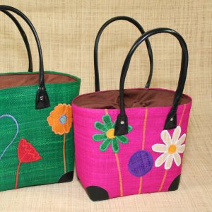 Panier Rabane doublé, anse en simili-cuir, motifs fleurs