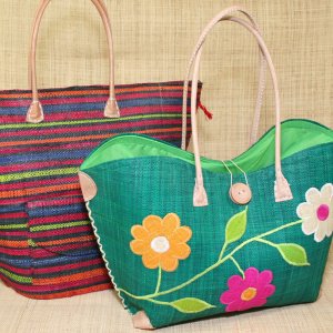 Sac de plage, anse en cuir, à fermeture éclair ou poche, motifs fleur ou rayure